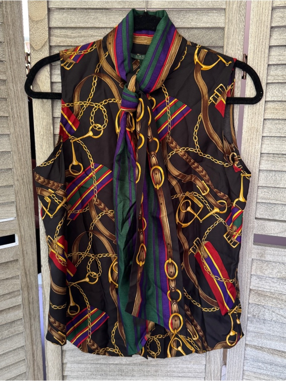 Lauren Ralph Lauren 100% Silk Equestrian Print Blouse Scarf Tie Neck Size 10